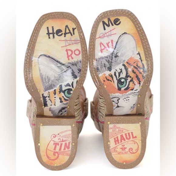 Tin Haul Kids Cowboy Boots Golden Tiger Hear Me Roar Brown Cream w Pink Accents - Picture 2 of 11